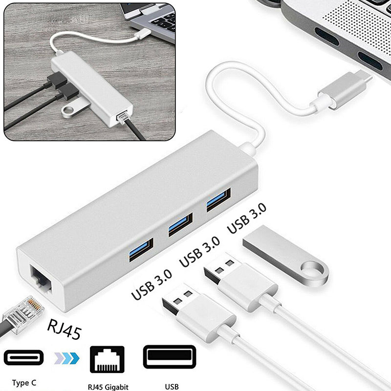 Type-C to Gigabyte RJ45 Ethernet Adapter with 3 x USB 3.0 Ports - Image 2