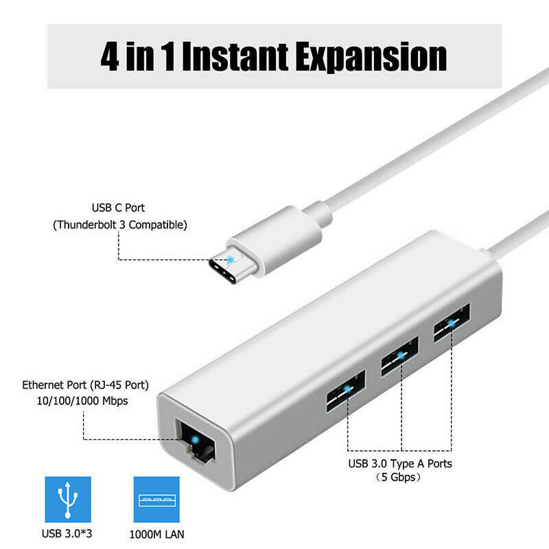 Type-C to Gigabyte RJ45 Ethernet Adapter with 3 x USB 3.0 Ports