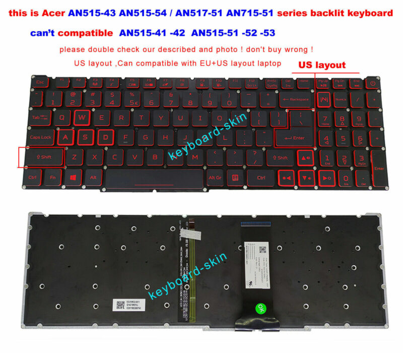 US Backlit Keyboard For Acer Nitro 5 AN517-51 AN517-52 AN715-51 AN515-54 laptop